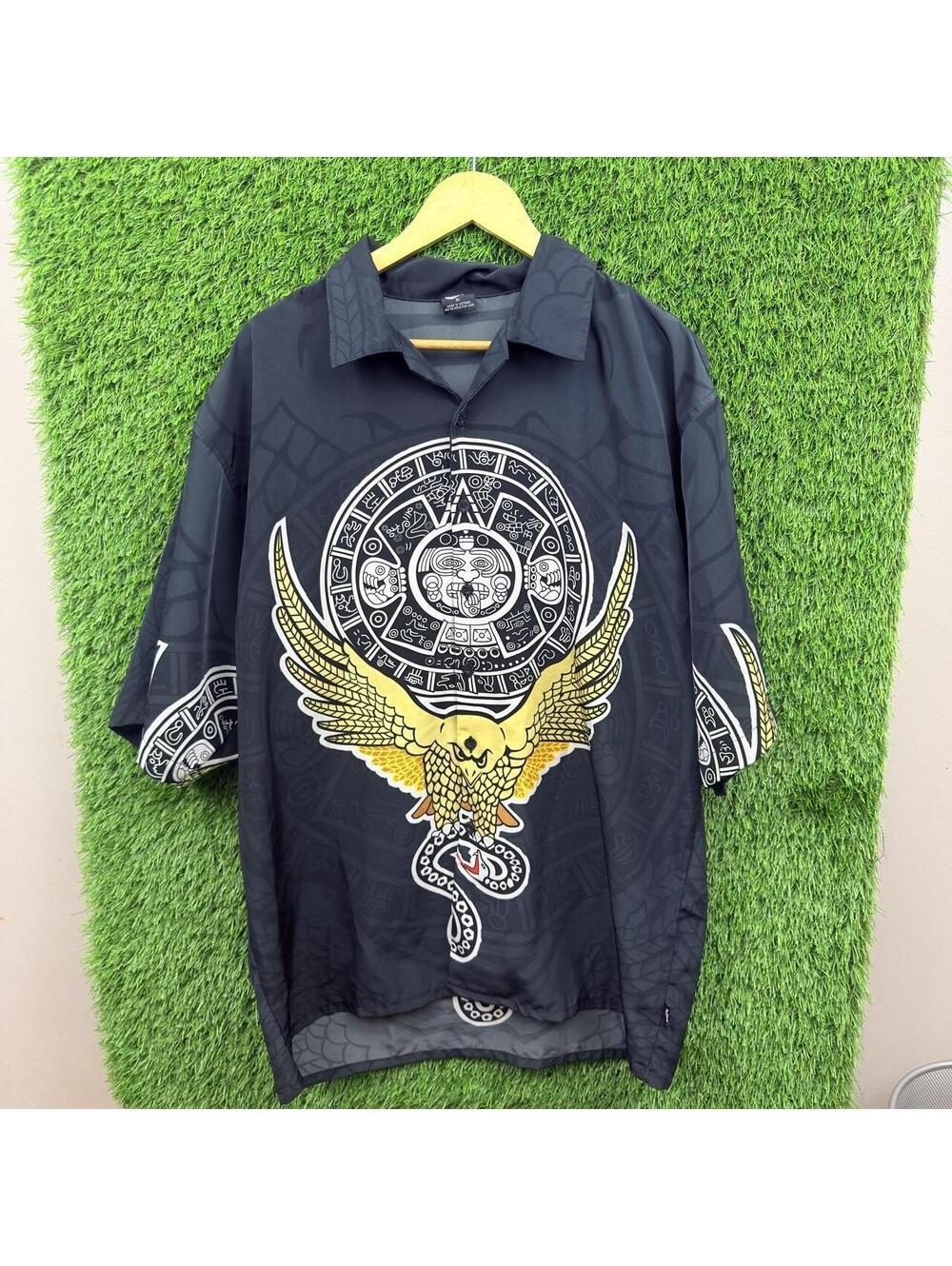 Y2K Jinz-U Aztec Calendar Eagle Graphic Button Up Shirt Black XL